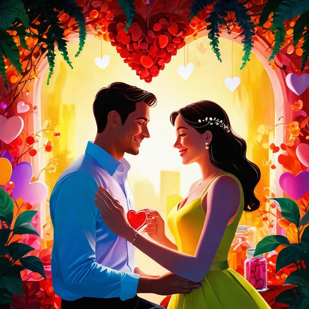 A vibrant and colorful depiction of a joyful couple sharing a sweet moment in a lush, romantic setting, surrounded by heart-shaped decorations and soft, ambient lighting. Include symbolic elements like sugar jars and heart symbols to represent sweet relationships. Emphasize warmth, happiness, and connection between the characters. modern art style. vibrant colors. soft focus.