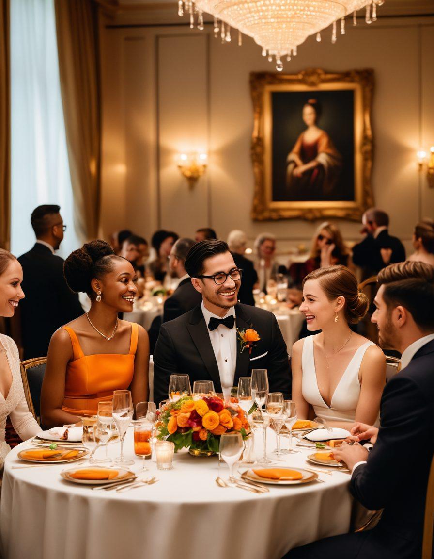 A sophisticated gathering of diverse individuals engaging in rich conversation, symbolizing the art of superior relationships. Include elegant settings with soft lighting, statement decor elements, and visuals of different cultures blending harmoniously. Emphasize warm smiles and genuine connections among the participants. super-realistic. vibrant colors. elegant ambiance.