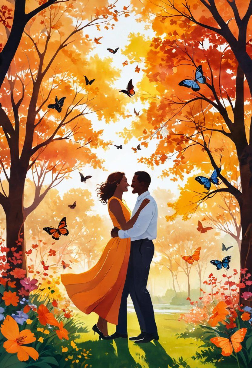 A whimsical scene depicting a joyful couple laughing together in a sunlit park, surrounded by blooming flowers and butterflies. Warm colors convey a sense of happiness and connection, while elegant silhouettes of premium companionship linger in the background. The atmosphere should radiate positivity and romance, inviting viewers to imagine joyful encounters. vibrant colors. super-realistic.